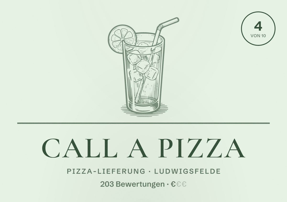 Illustriertes Poster von Call a Pizza, Pizza-Lieferung in Ludwigsfelde: Bewertung 4 von 10 aus 203 Bewertungen, Preisniveau €