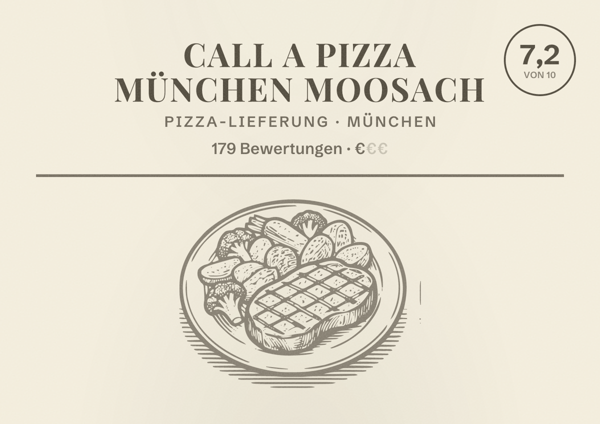 Illustriertes Poster von Call a Pizza München Moosach, Pizza-Lieferung in München: Bewertung 7,2 von 10 aus 179 Bewertungen, Preisniveau €