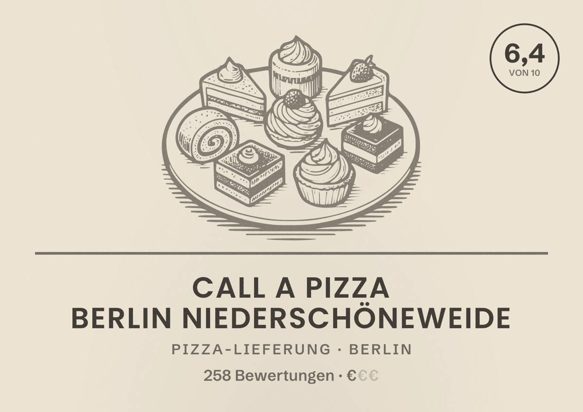 Illustriertes Poster von Call a Pizza Berlin Niederschöneweide, Pizza-Lieferung in Berlin: Bewertung 6,4 von 10 aus 258 Bewertungen, Preisniveau €