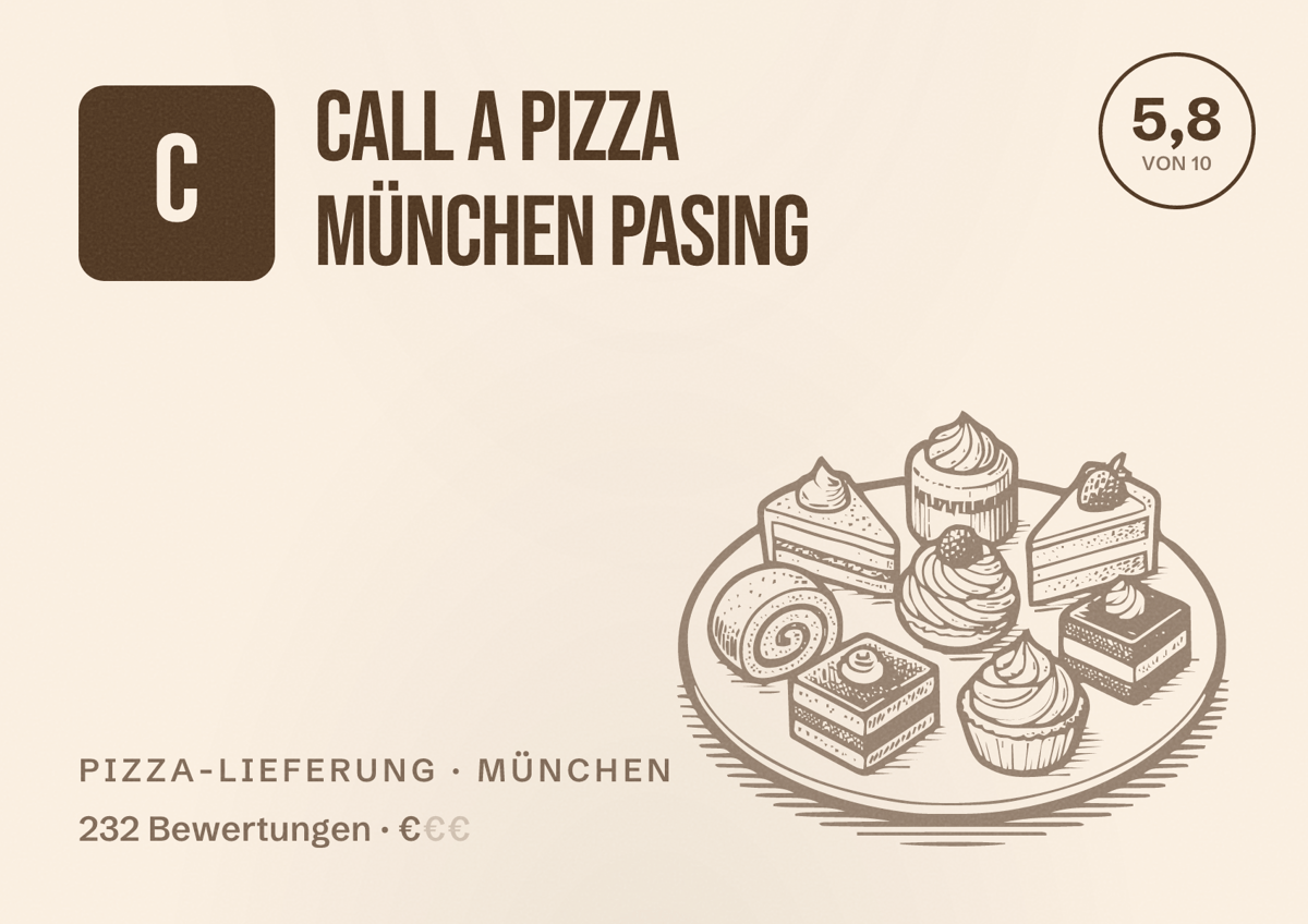 Illustriertes Poster von Call a Pizza München Pasing, Pizza-Lieferung in München: Bewertung 5,8 von 10 aus 232 Bewertungen, Preisniveau €