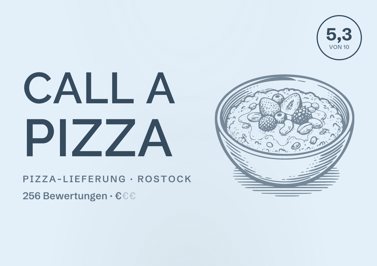 Illustriertes Poster von Call a Pizza, Pizza-Lieferung in Rostock: Bewertung 5,3 von 10 aus 256 Bewertungen, Preisniveau €