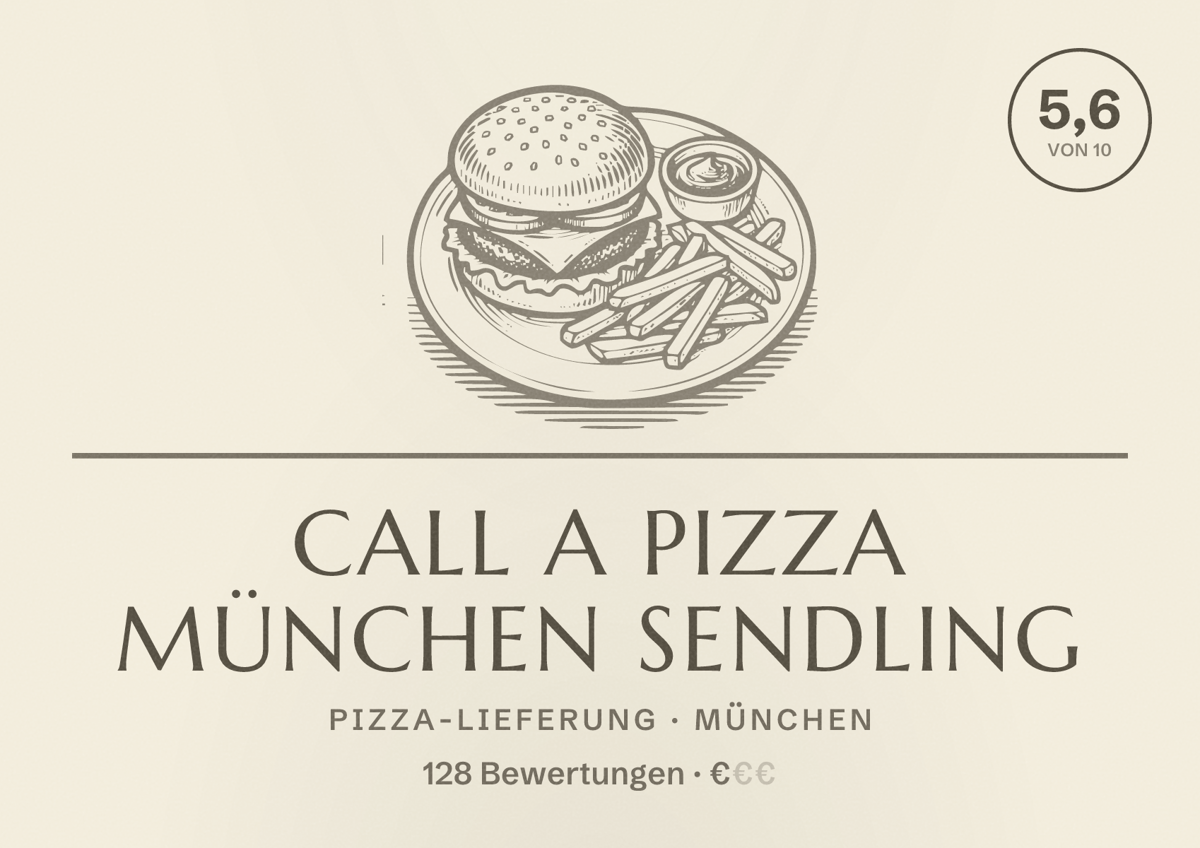Illustriertes Poster von Call a Pizza München Sendling, Pizza-Lieferung in München: Bewertung 5,6 von 10 aus 128 Bewertungen, Preisniveau €