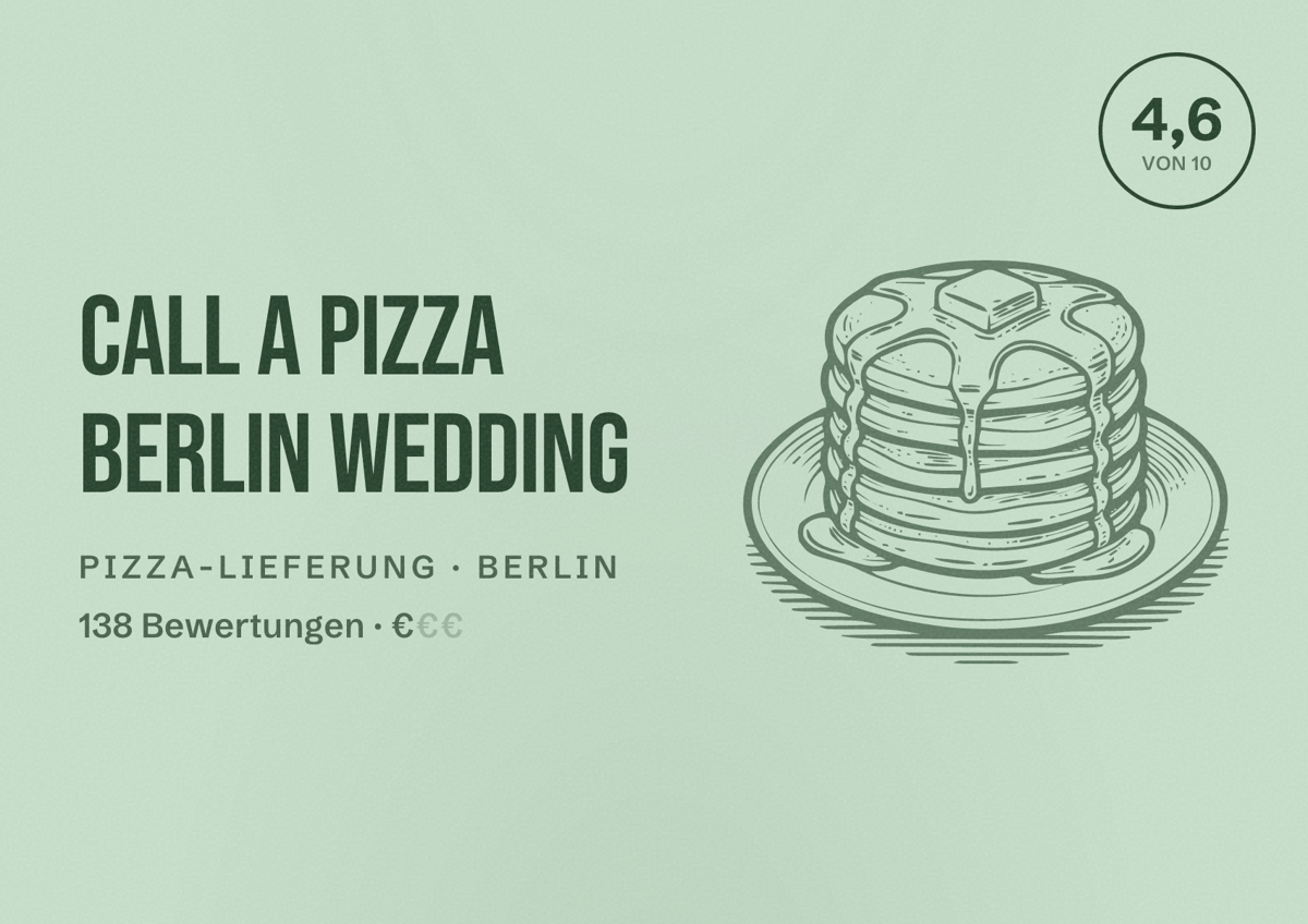 Illustriertes Poster von Call a Pizza Berlin Wedding, Pizza-Lieferung in Berlin: Bewertung 4,6 von 10 aus 138 Bewertungen, Preisniveau €