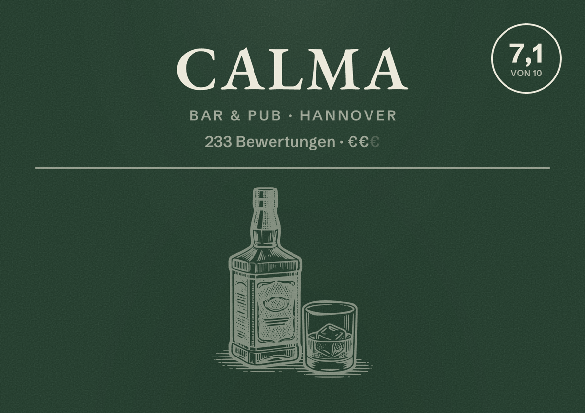 Illustriertes Poster von CALMA, Bar & Pub in Hannover: Bewertung 7,1 von 10 aus 233 Bewertungen, Preisniveau €€