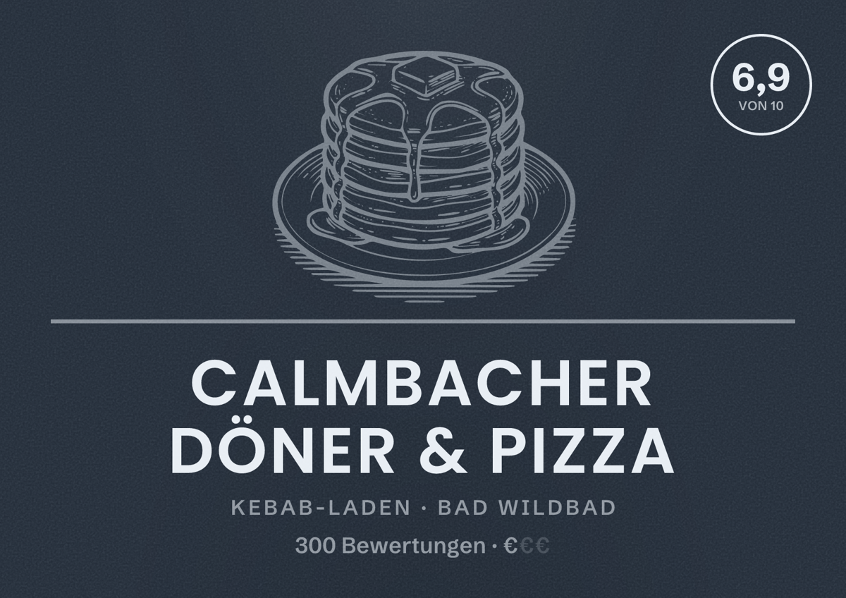 Illustriertes Poster von Calmbacher Döner & Pizza, Kebab-Laden in Bad Wildbad: Bewertung 6,9 von 10 aus 300 Bewertungen, Preisniveau €