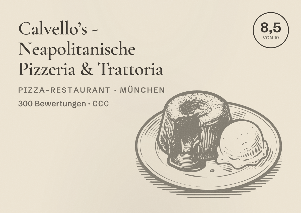 Illustriertes Poster von Calvello’s - Neapolitanische Pizzeria & Trattoria, Pizza-Restaurant in München: Bewertung 8,5 von 10 aus 300 Bewertungen, Preisniveau €€€