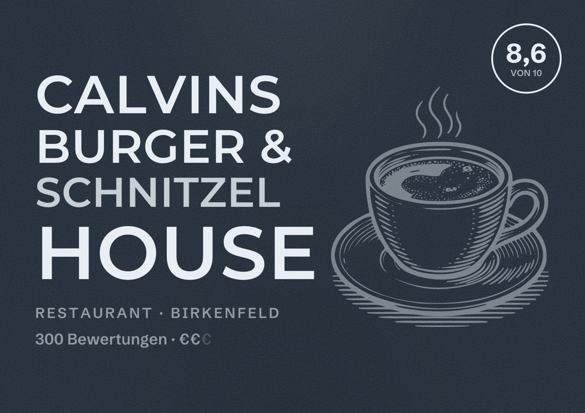 Illustriertes Poster von Calvins Burger & Schnitzel House, Restaurant in Birkenfeld: Bewertung 8,6 von 10 aus 300 Bewertungen, Preisniveau €€