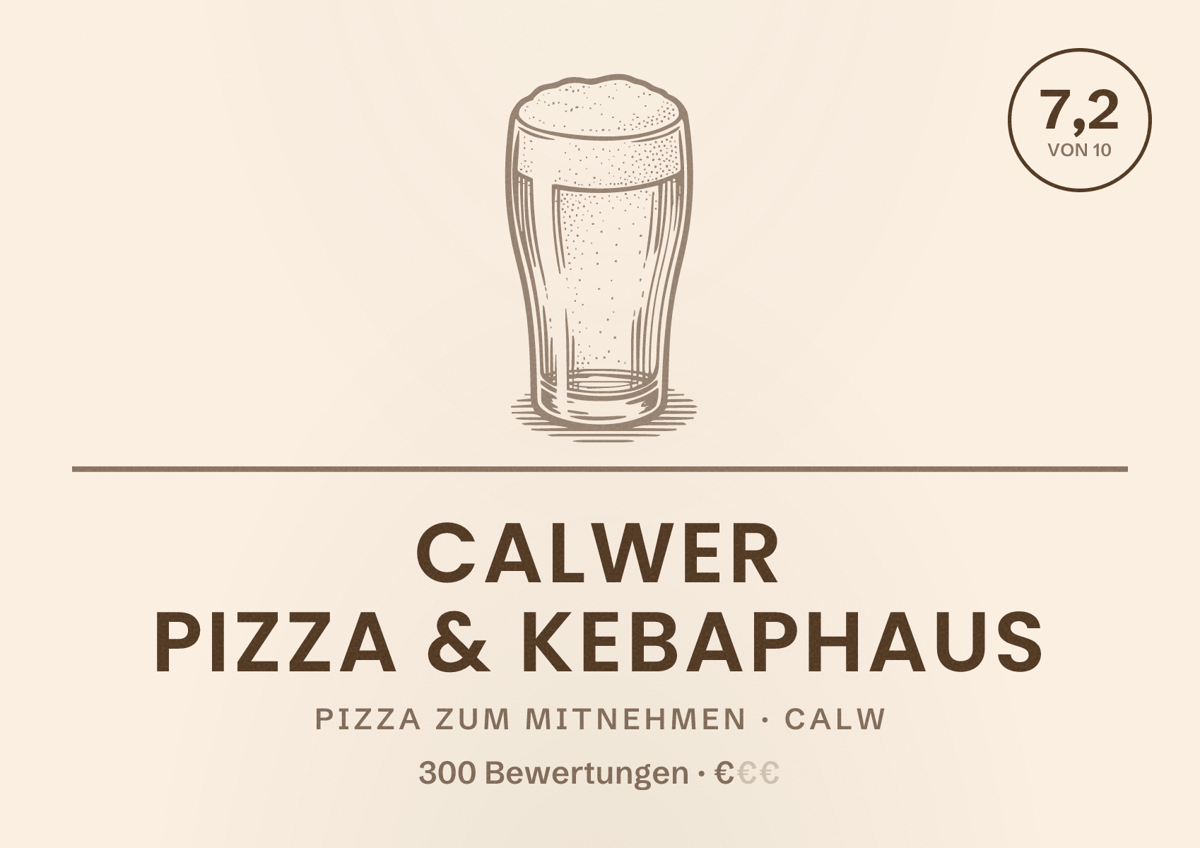 Illustriertes Poster von Calwer Pizza & Kebaphaus, Pizza zum Mitnehmen in Calw: Bewertung 7,2 von 10 aus 300 Bewertungen, Preisniveau €