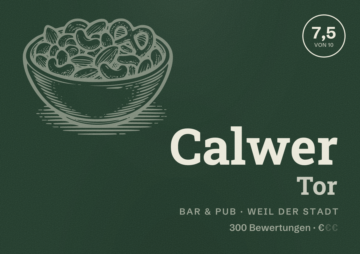 Illustriertes Poster von Calwer Tor, Bar & Pub in Weil der Stadt: Bewertung 7,5 von 10 aus 300 Bewertungen, Preisniveau €