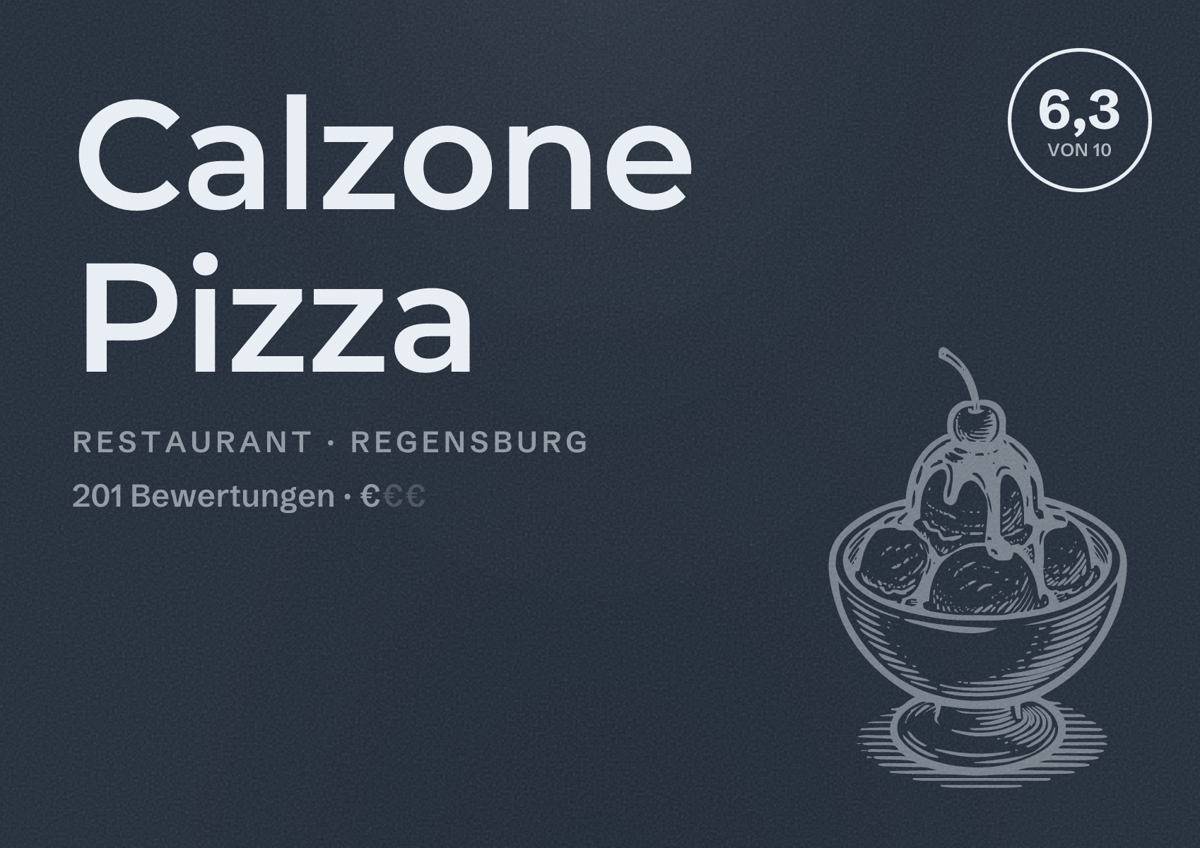 Illustriertes Poster von Calzone Pizza, Restaurant in Regensburg: Bewertung 6,3 von 10 aus 201 Bewertungen, Preisniveau €