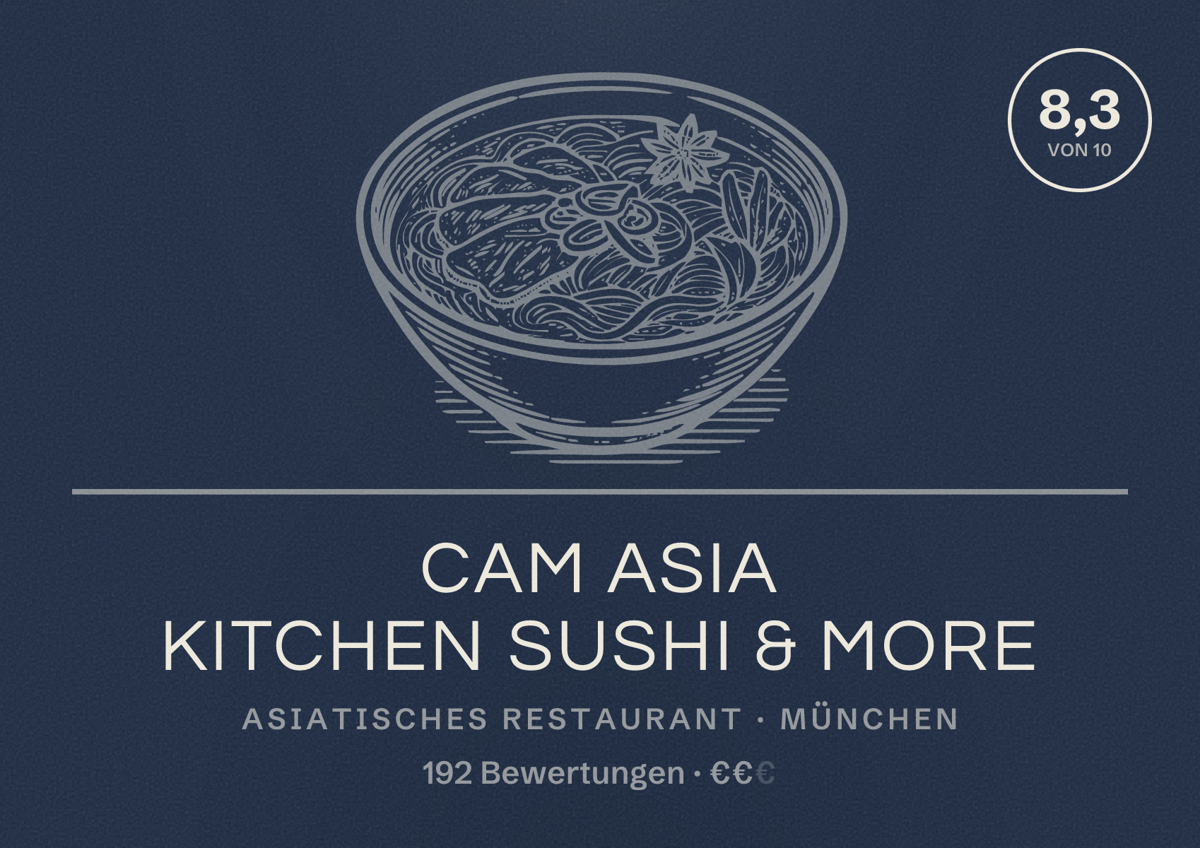 Illustriertes Poster von Cam Asia Kitchen Sushi & More, Asiatisches Restaurant in München: Bewertung 8,3 von 10 aus 192 Bewertungen, Preisniveau €€