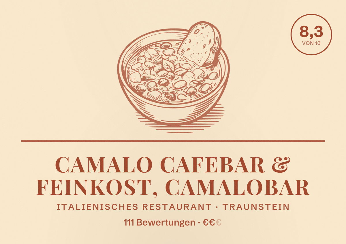 Illustriertes Poster von Camalo Cafebar & Feinkost, Camalobar, Italienisches Restaurant in Traunstein: Bewertung 8,3 von 10 aus 111 Bewertungen, Preisniveau €€