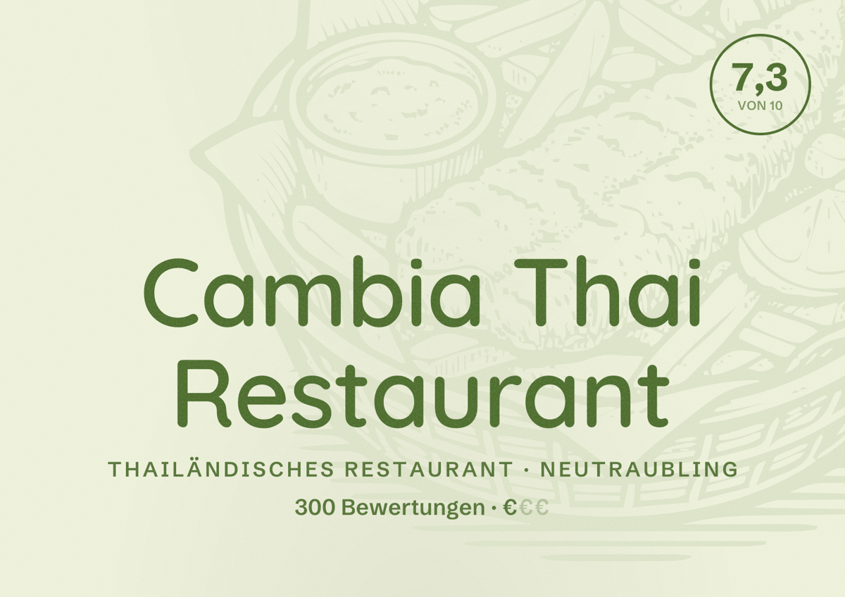 Illustriertes Poster von Cambia Thai Restaurant, Thailändisches Restaurant in Neutraubling: Bewertung 7,3 von 10 aus 300 Bewertungen, Preisniveau €