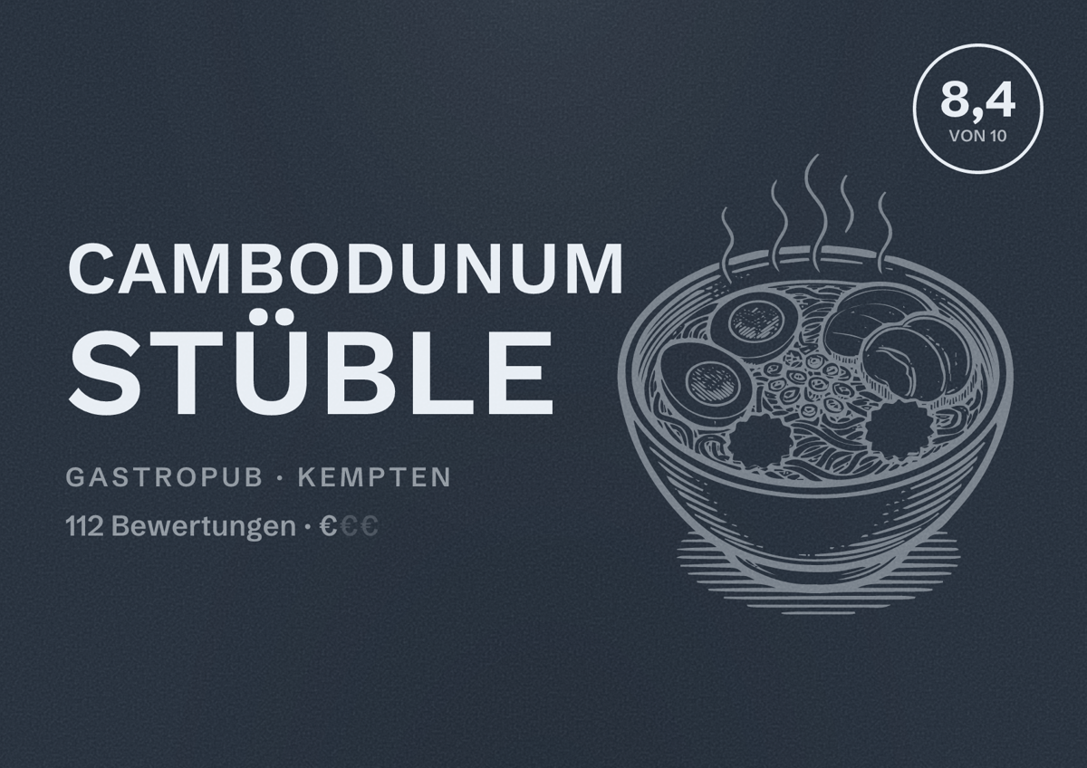 Illustriertes Poster von Cambodunum Stüble, Gastropub in Kempten: Bewertung 8,4 von 10 aus 112 Bewertungen, Preisniveau €
