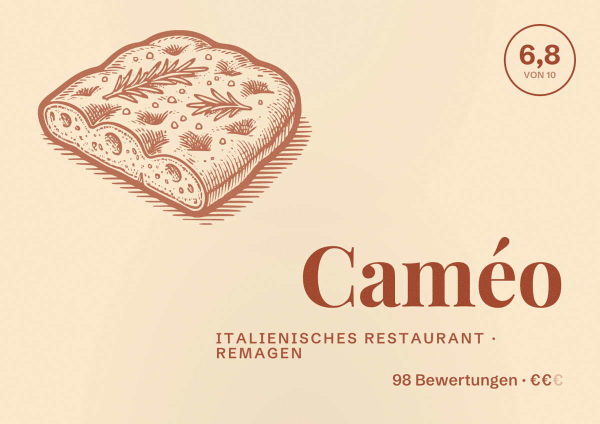 Illustriertes Poster von Caméo, Italienisches Restaurant in Remagen: Bewertung 6,8 von 10 aus 98 Bewertungen, Preisniveau €€
