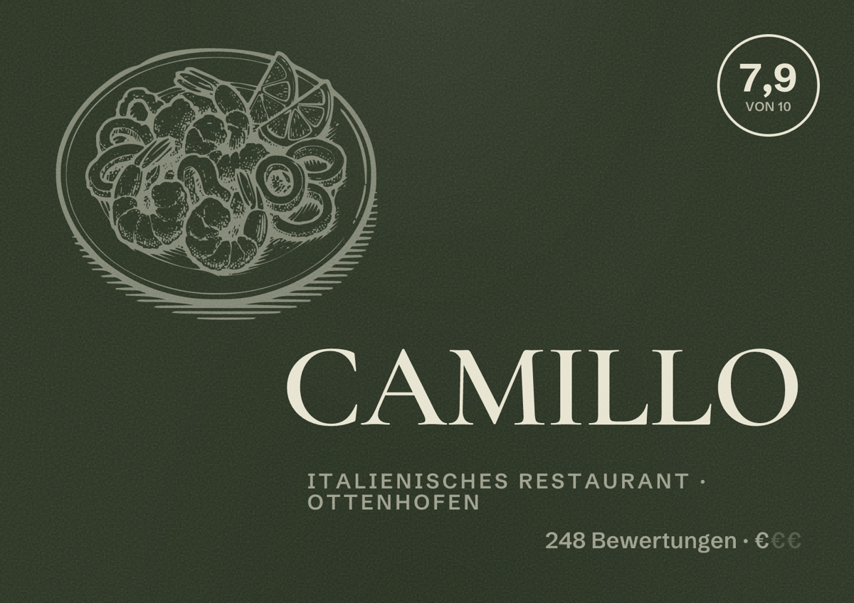 Illustriertes Poster von CAMILLO, Italienisches Restaurant in Ottenhofen: Bewertung 7,9 von 10 aus 248 Bewertungen, Preisniveau €