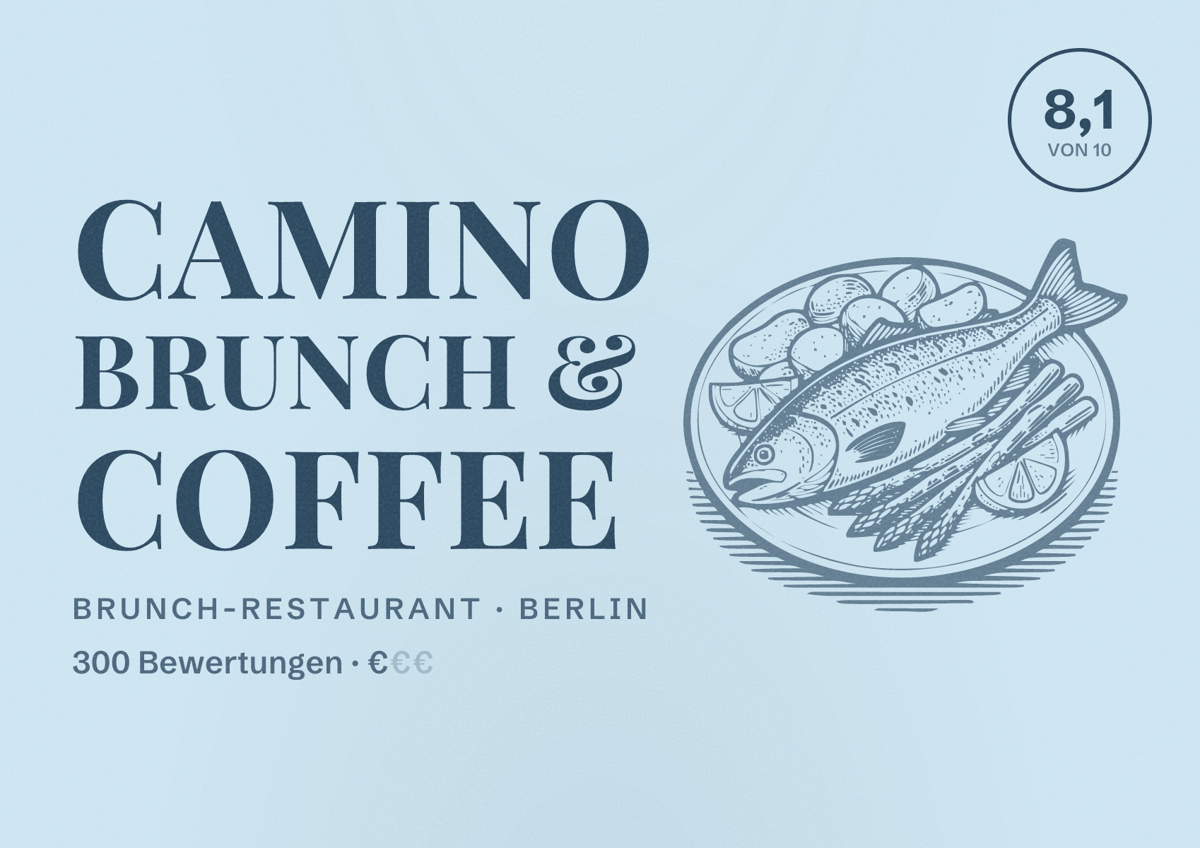 Illustriertes Poster von Camino Brunch & Coffee, Brunch-Restaurant in Berlin: Bewertung 8,1 von 10 aus 300 Bewertungen, Preisniveau €