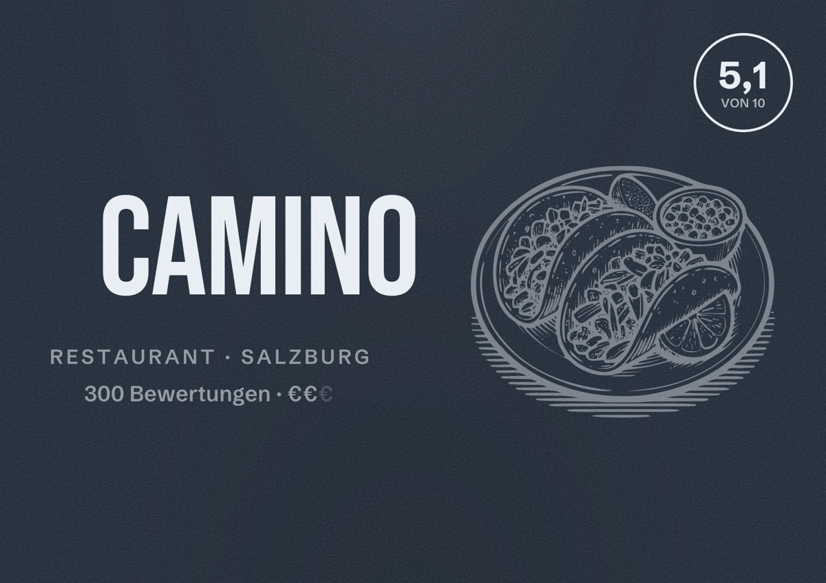 Illustriertes Poster von Camino, Restaurant in Salzburg: Bewertung 5,1 von 10 aus 300 Bewertungen, Preisniveau €€