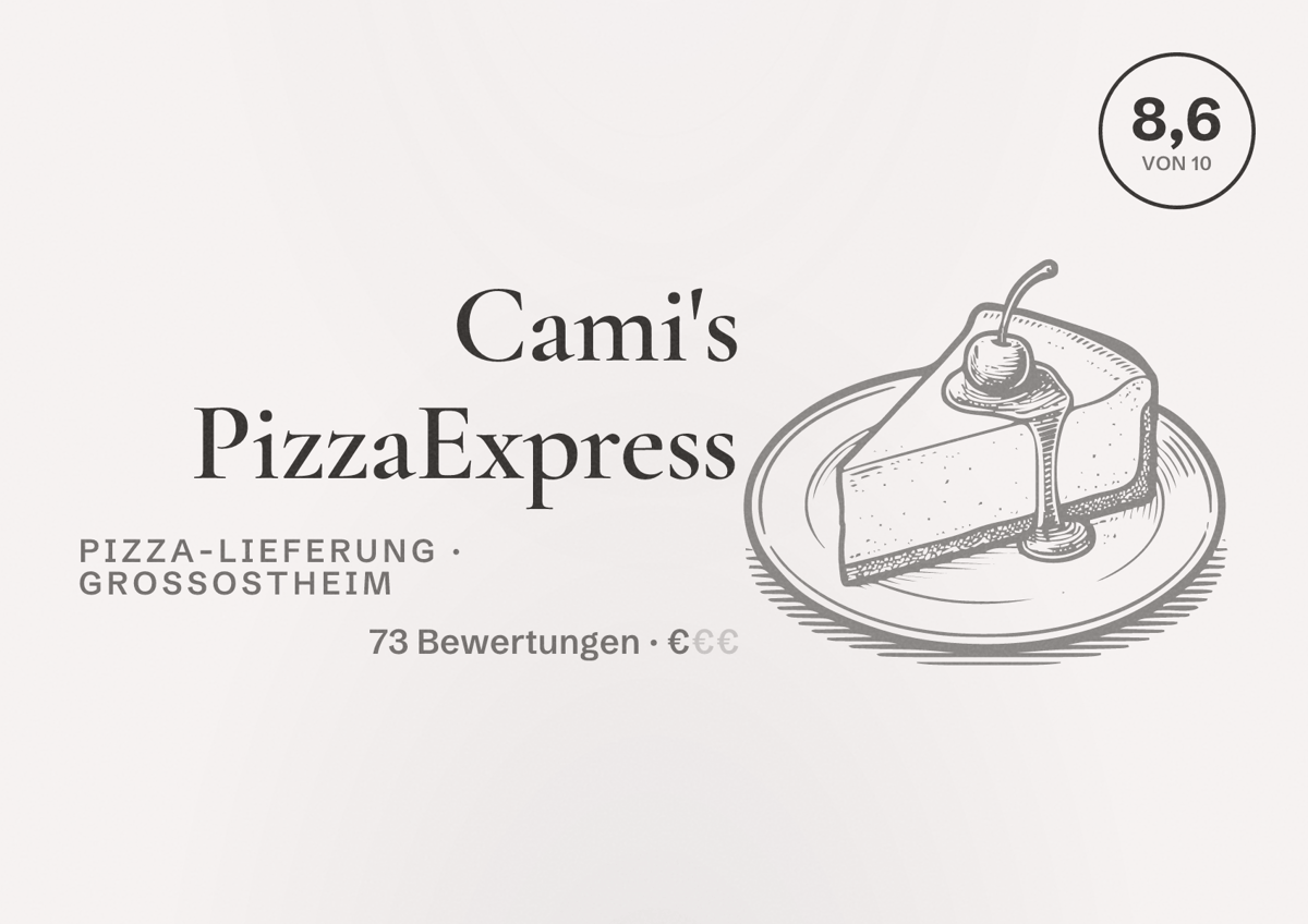Illustriertes Poster von Cami's PizzaExpress, Pizza-Lieferung in Großostheim: Bewertung 8,6 von 10 aus 73 Bewertungen, Preisniveau €