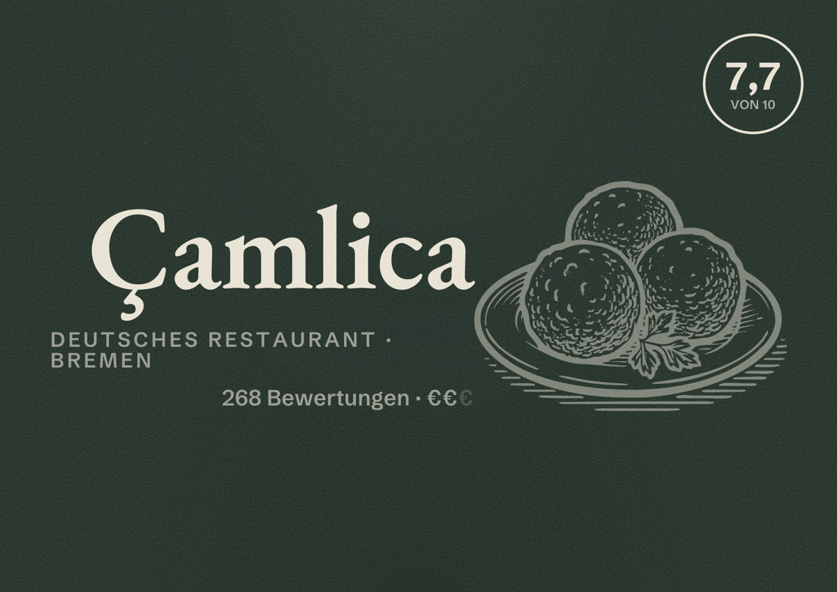 Illustriertes Poster von Çamlica, Deutsches Restaurant in Bremen: Bewertung 7,7 von 10 aus 268 Bewertungen, Preisniveau €€