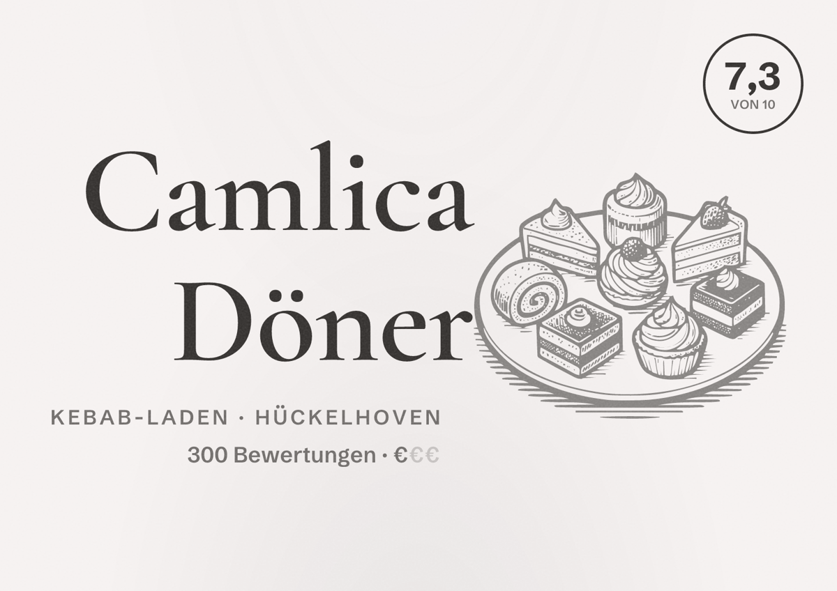 Illustriertes Poster von Camlica Döner, Kebab-Laden in Hückelhoven: Bewertung 7,3 von 10 aus 300 Bewertungen, Preisniveau €