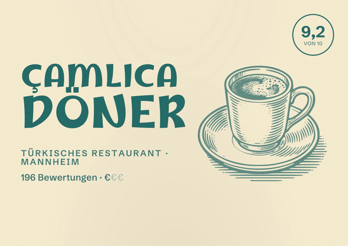 Illustriertes Poster von Çamlica Döner, Türkisches Restaurant in Mannheim: Bewertung 9,2 von 10 aus 196 Bewertungen, Preisniveau €