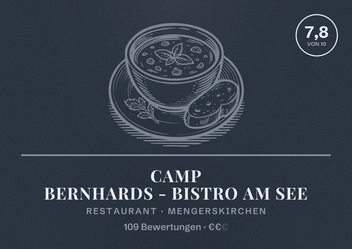 Illustriertes Poster von Camp Bernhards - Bistro am See, Restaurant in Mengerskirchen: Bewertung 7,8 von 10 aus 109 Bewertungen, Preisniveau €€
