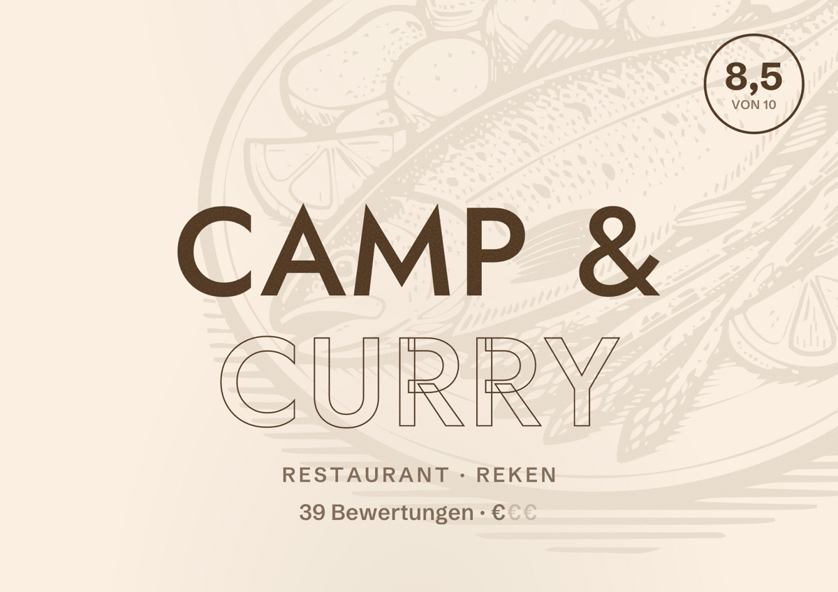 Illustriertes Poster von Camp & Curry, Restaurant in Reken: Bewertung 8,5 von 10 aus 39 Bewertungen, Preisniveau €