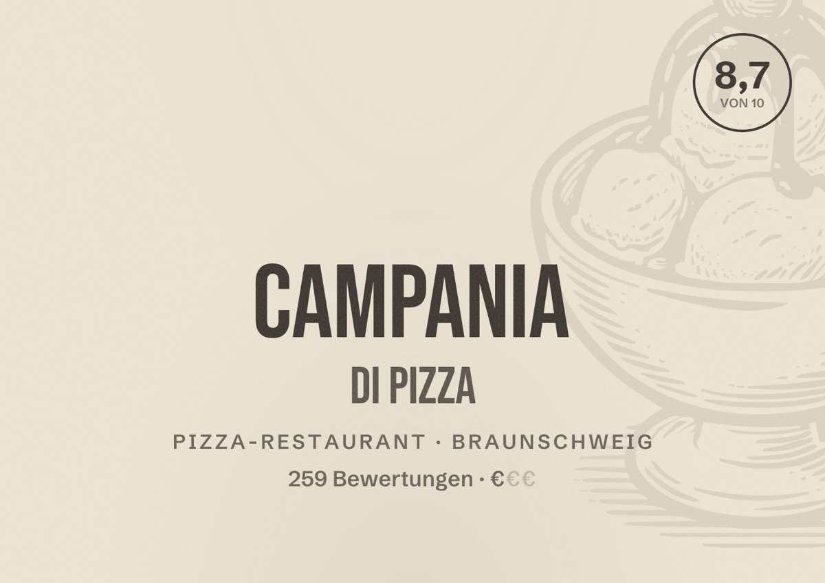 Illustriertes Poster von Campania di Pizza, Pizza-Restaurant in Braunschweig: Bewertung 8,7 von 10 aus 259 Bewertungen, Preisniveau €