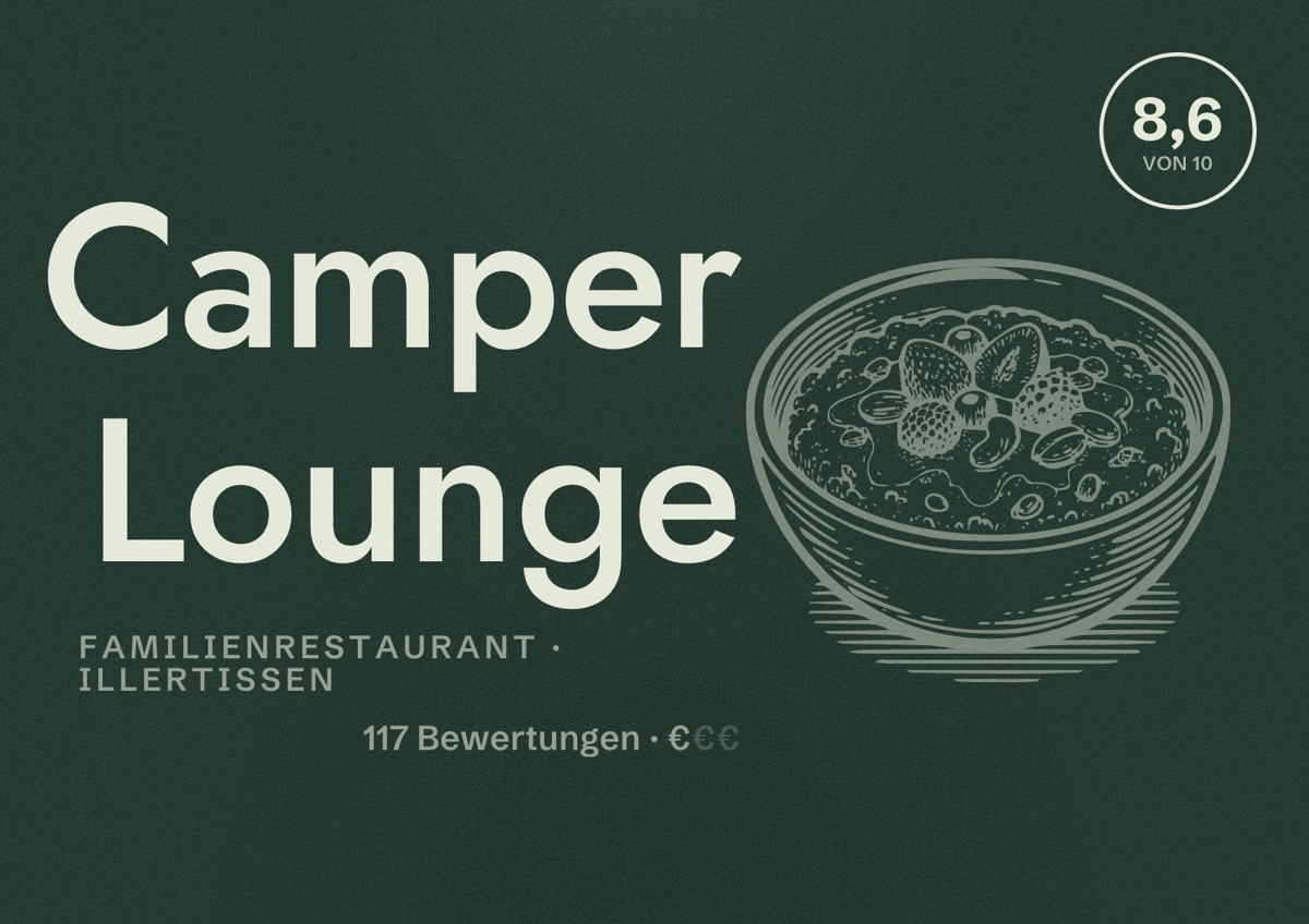 Illustriertes Poster von Camper Lounge, Familienrestaurant in Illertissen: Bewertung 8,6 von 10 aus 117 Bewertungen, Preisniveau €