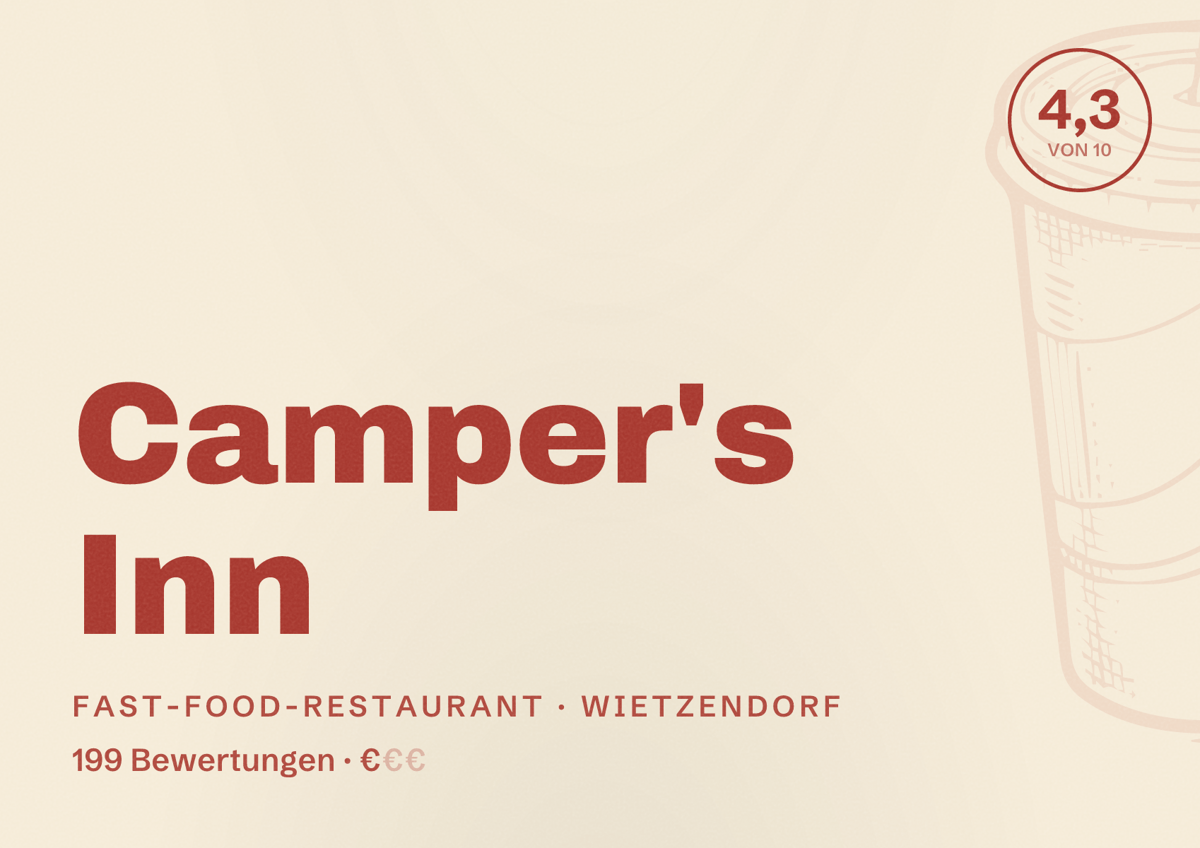 Illustriertes Poster von Camper's Inn, Fast-Food-Restaurant in Wietzendorf: Bewertung 4,3 von 10 aus 199 Bewertungen, Preisniveau €