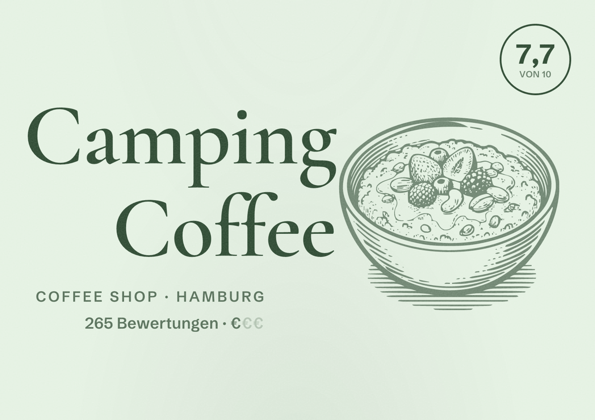 Illustriertes Poster von Camping Coffee, Coffee Shop in Hamburg: Bewertung 7,7 von 10 aus 265 Bewertungen, Preisniveau €