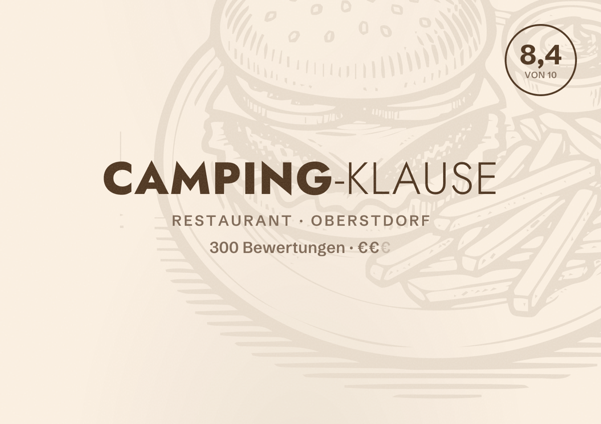Illustriertes Poster von Camping-Klause, Restaurant in Oberstdorf: Bewertung 8,4 von 10 aus 300 Bewertungen, Preisniveau €€