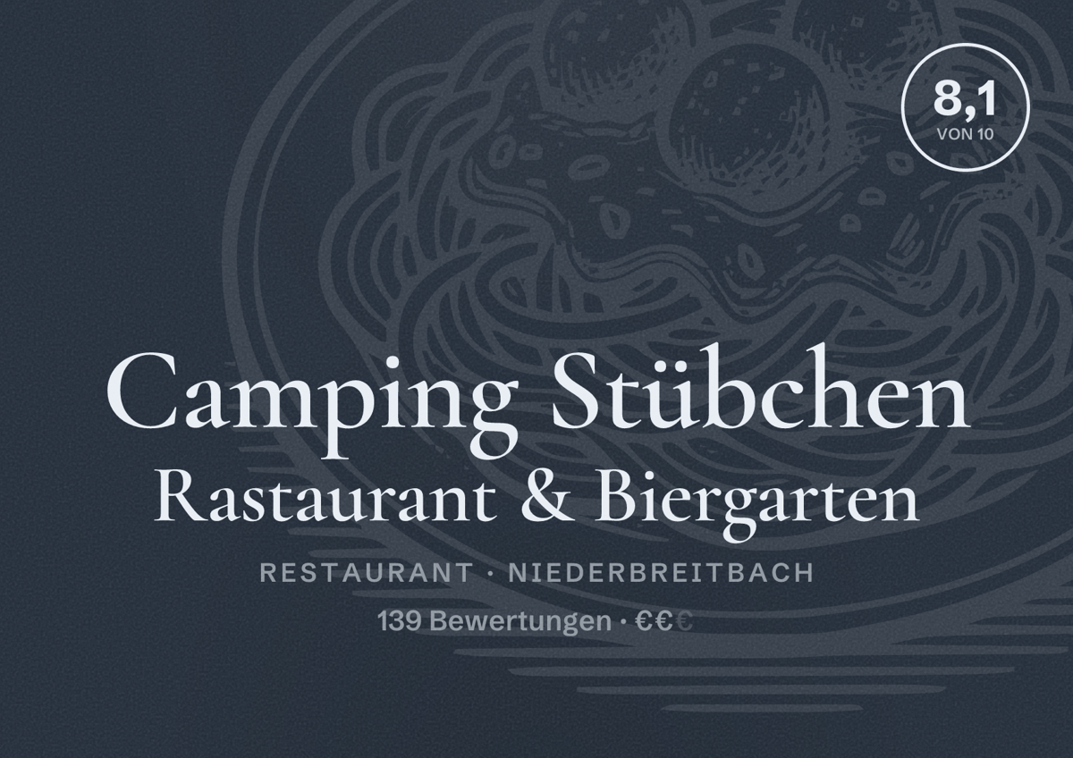 Illustriertes Poster von Camping Stübchen Rastaurant & Biergarten, Restaurant in Niederbreitbach: Bewertung 8,1 von 10 aus 139 Bewertungen, Preisniveau €€