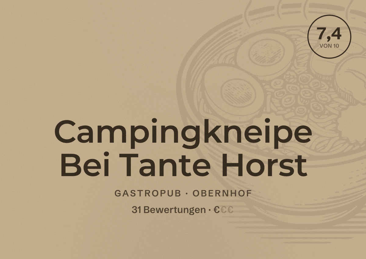 Illustriertes Poster von Campingkneipe Bei Tante Horst, Gastropub in Obernhof: Bewertung 7,4 von 10 aus 31 Bewertungen, Preisniveau €