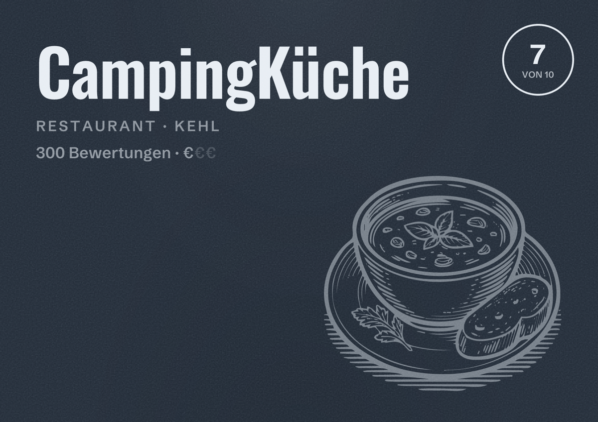 Illustriertes Poster von CampingKüche, Restaurant in Kehl: Bewertung 7 von 10 aus 300 Bewertungen, Preisniveau €