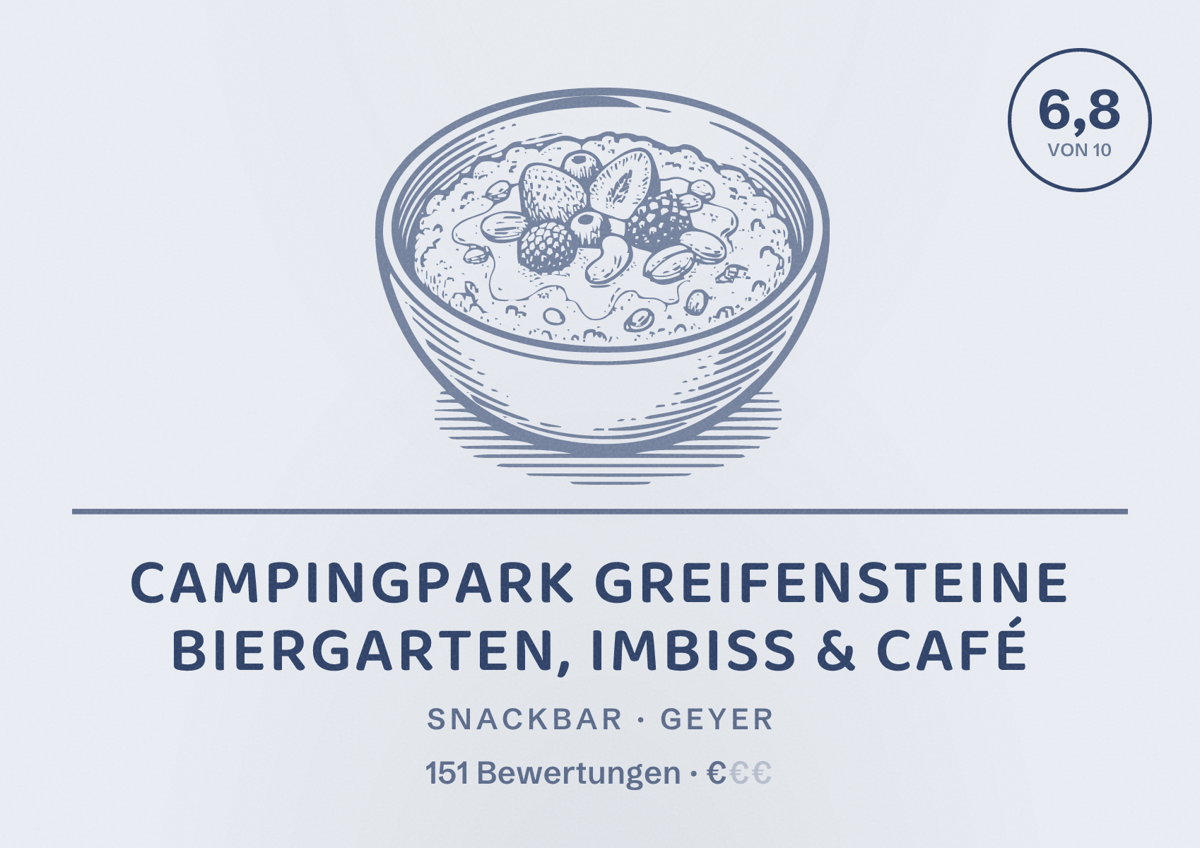 Illustriertes Poster von Campingpark Greifensteine Biergarten, Imbiss & Café, Snackbar in Geyer: Bewertung 6,8 von 10 aus 151 Bewertungen, Preisniveau €