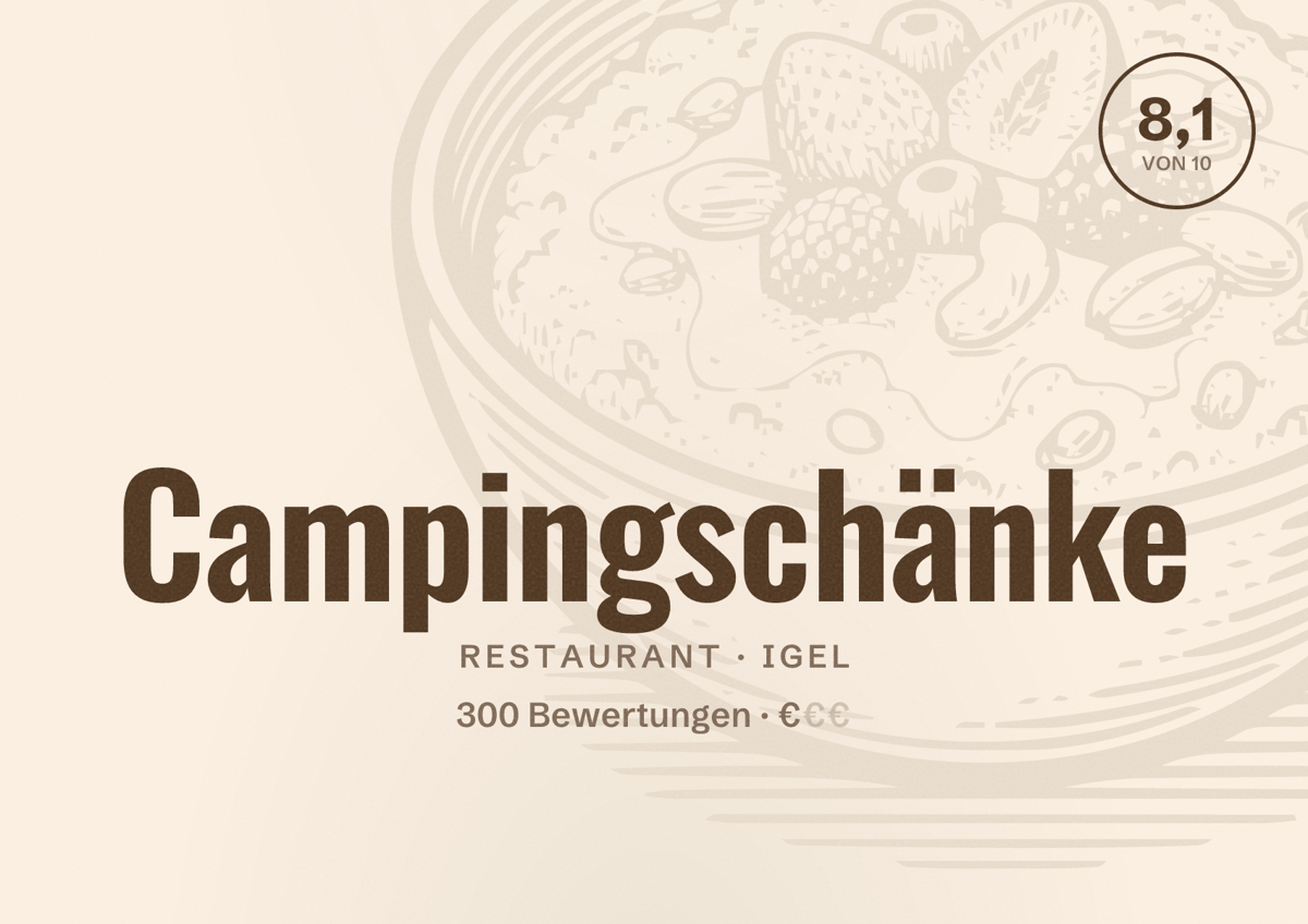 Illustriertes Poster von Campingschänke, Restaurant in Igel: Bewertung 8,1 von 10 aus 300 Bewertungen, Preisniveau €