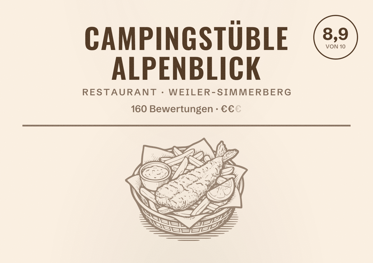 Illustriertes Poster von Campingstüble Alpenblick, Restaurant in Weiler-Simmerberg: Bewertung 8,9 von 10 aus 160 Bewertungen, Preisniveau €€