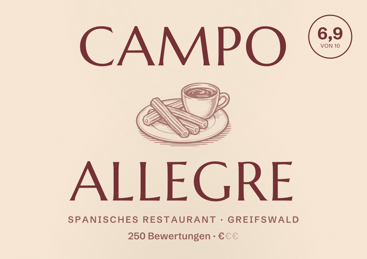 Illustriertes Poster von Campo Allegre, Spanisches Restaurant in Greifswald: Bewertung 6,9 von 10 aus 250 Bewertungen, Preisniveau €
