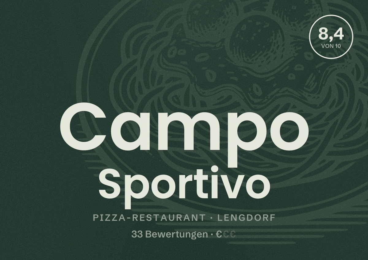 Illustriertes Poster von Campo Sportivo, Pizza-Restaurant in Lengdorf: Bewertung 8,4 von 10 aus 33 Bewertungen, Preisniveau €