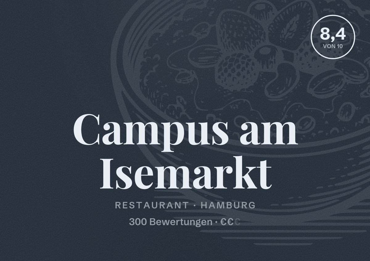 Illustriertes Poster von Campus am Isemarkt, Restaurant in Hamburg: Bewertung 8,4 von 10 aus 300 Bewertungen, Preisniveau €€