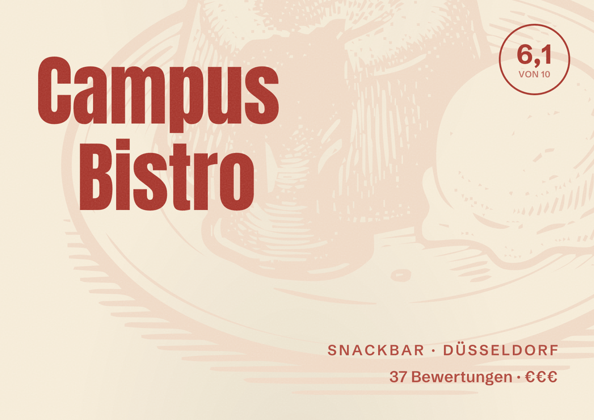 Illustriertes Poster von Campus Bistro, Snackbar in Düsseldorf: Bewertung 6,1 von 10 aus 37 Bewertungen, Preisniveau €€€