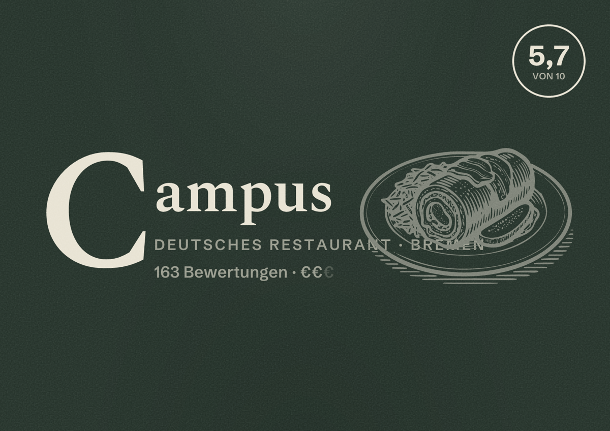 Illustriertes Poster von Campus, Deutsches Restaurant in Bremen: Bewertung 5,7 von 10 aus 163 Bewertungen, Preisniveau €€