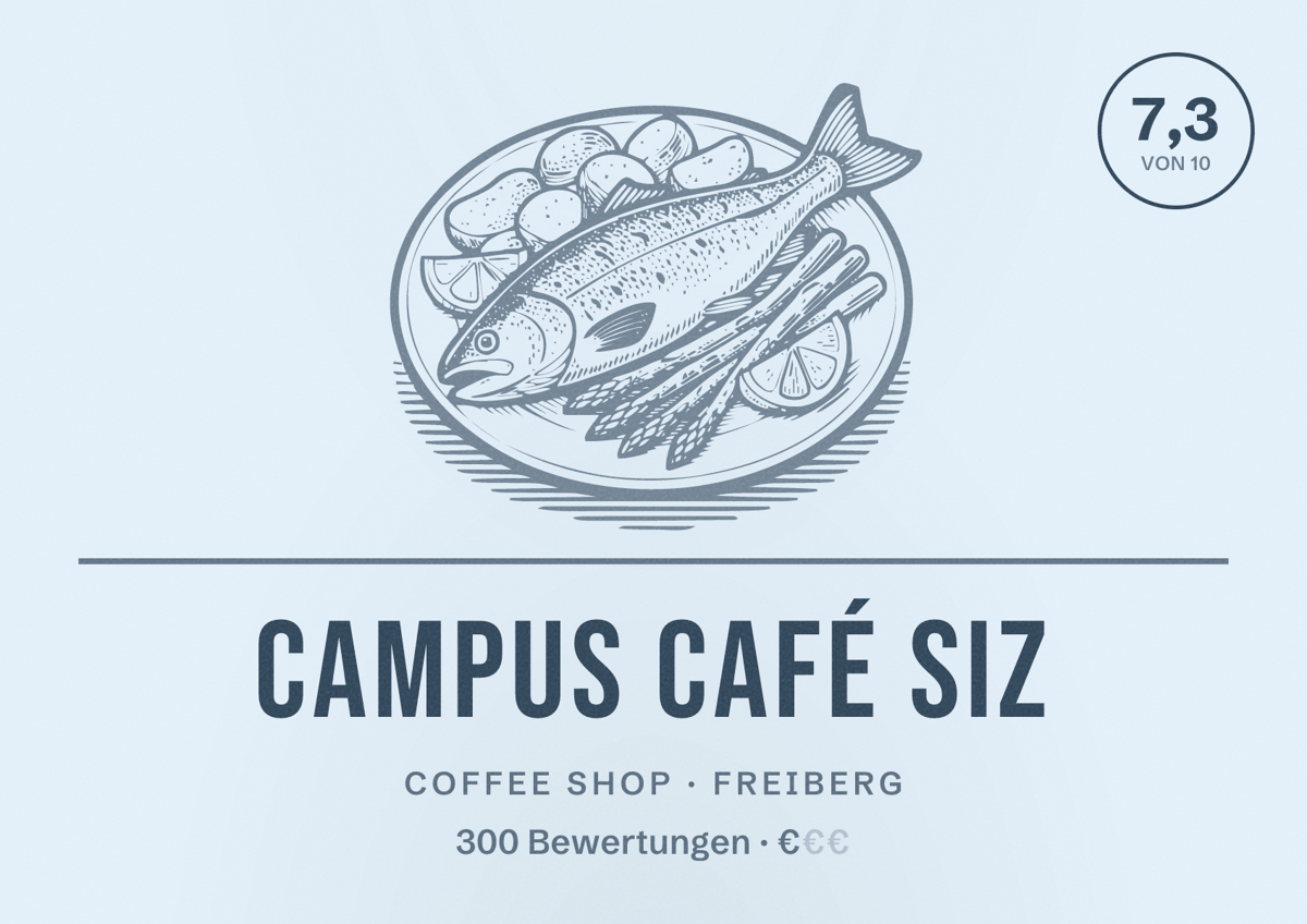 Illustriertes Poster von Campus Café SIZ, Coffee Shop in Freiberg: Bewertung 7,3 von 10 aus 300 Bewertungen, Preisniveau €