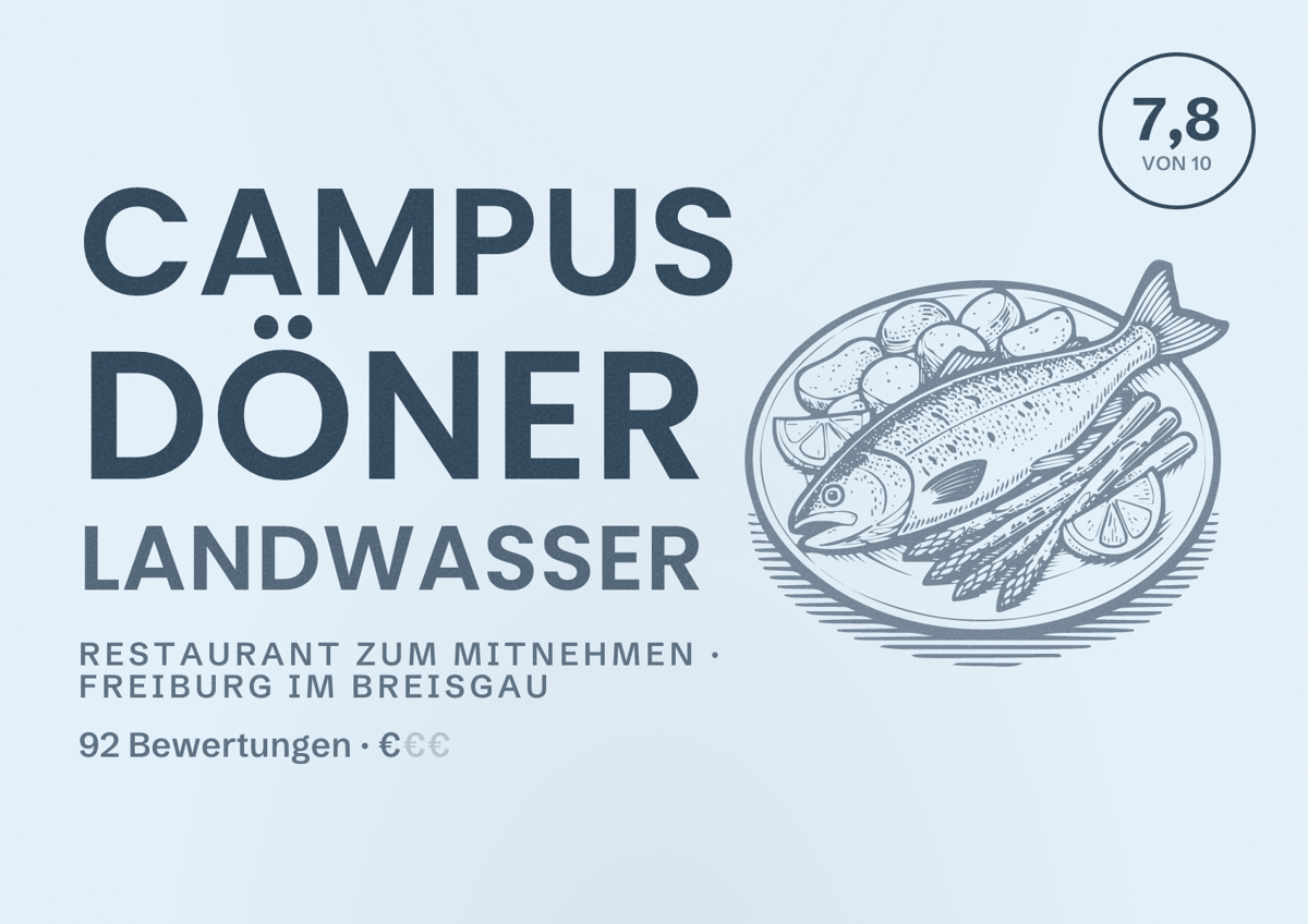 Illustriertes Poster von Campus Döner Landwasser, Restaurant zum Mitnehmen in Freiburg im Breisgau: Bewertung 7,8 von 10 aus 92 Bewertungen, Preisniveau €