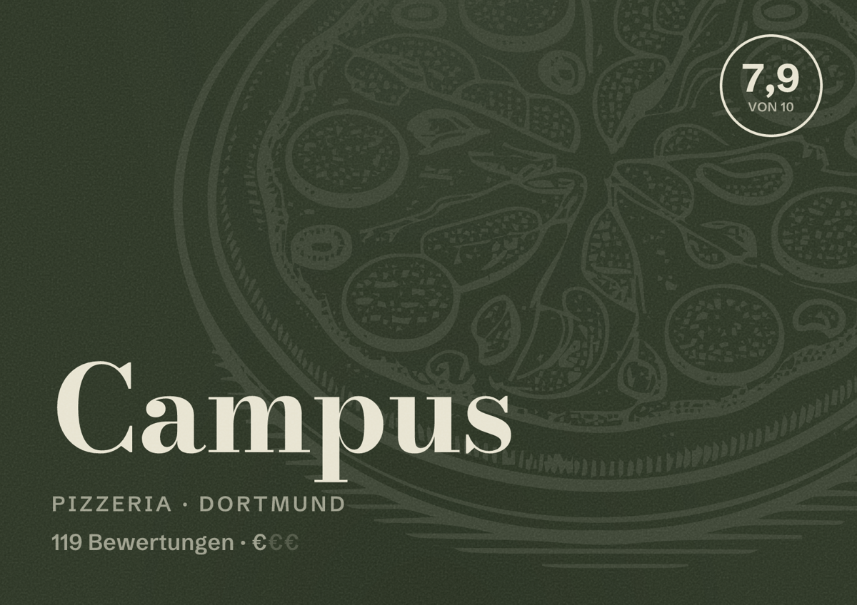 Illustriertes Poster von Campus, Pizzeria in Dortmund: Gästebewertung 7,9 von 10 aus 119 Bewertungen