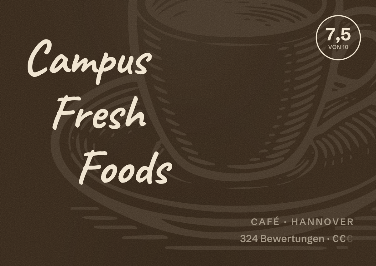 Illustriertes Poster von Campus Fresh Foods, Café in Hannover: Bewertung 7,5 von 10 aus 324 Bewertungen, Preisniveau €€