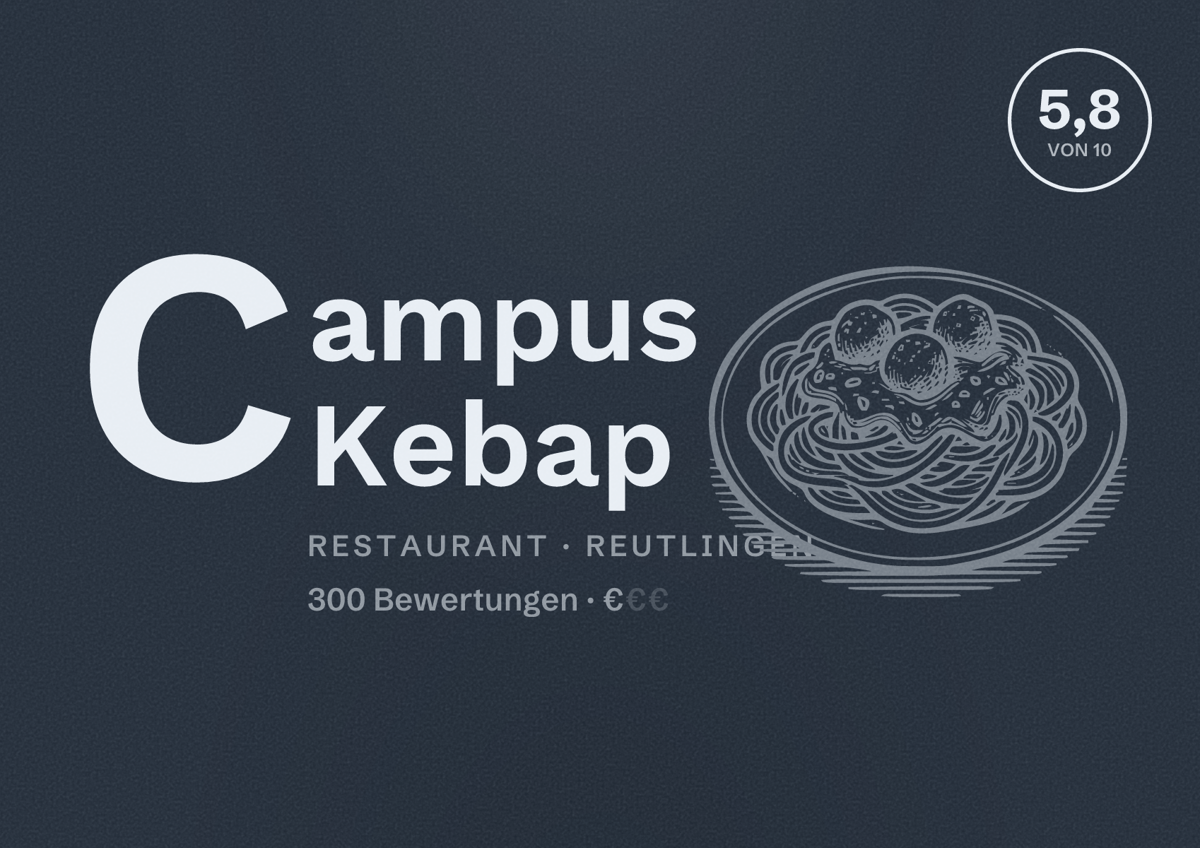 Illustriertes Poster von Campus Kebap, Restaurant in Reutlingen: Bewertung 5,8 von 10 aus 300 Bewertungen, Preisniveau €