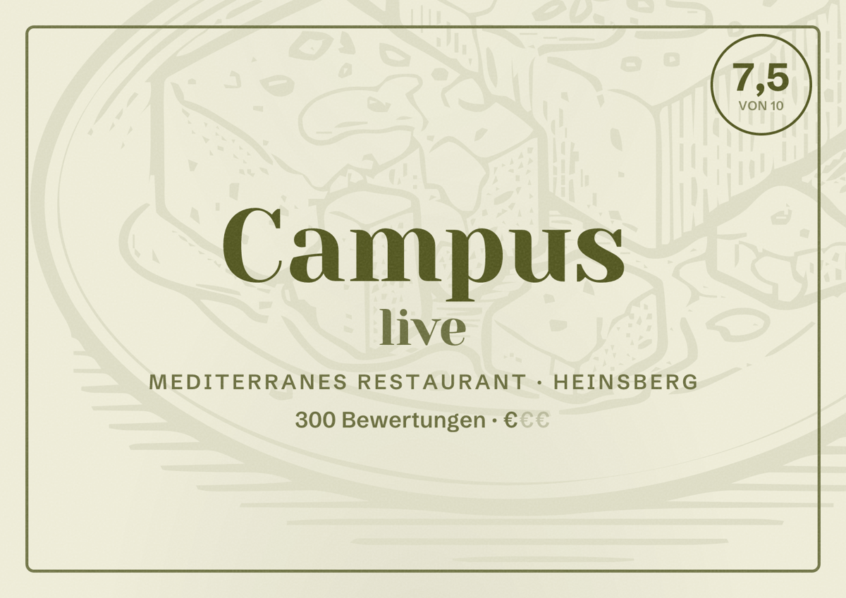 Illustriertes Poster von Campus live, Mediterranes Restaurant in Heinsberg: Bewertung 7,5 von 10 aus 300 Bewertungen, Preisniveau €